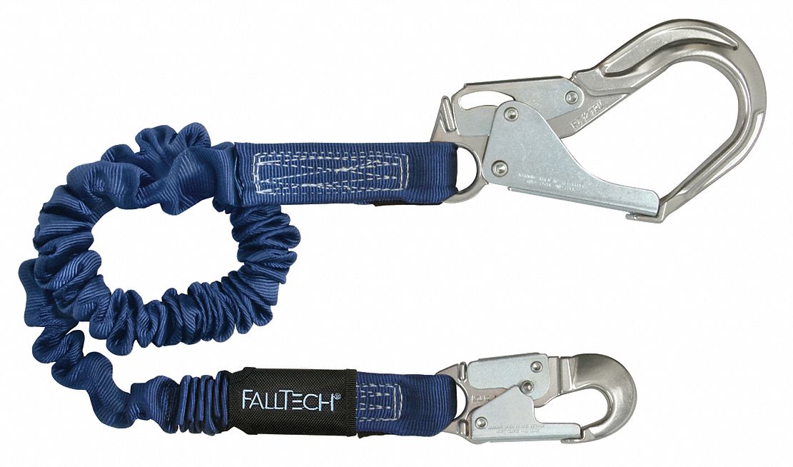 Shock-Absorbing Lanyard: Tubular Webbing, Aluminum Rebar Hook, Aluminum Snap Hook, 1 Legs