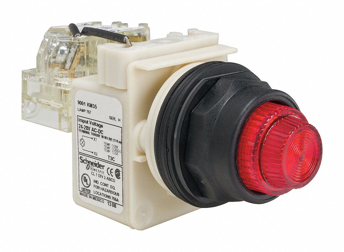 Pilot Light: 30 mm Panel Mounting Size, Red, Incandescent, 9001SK Series