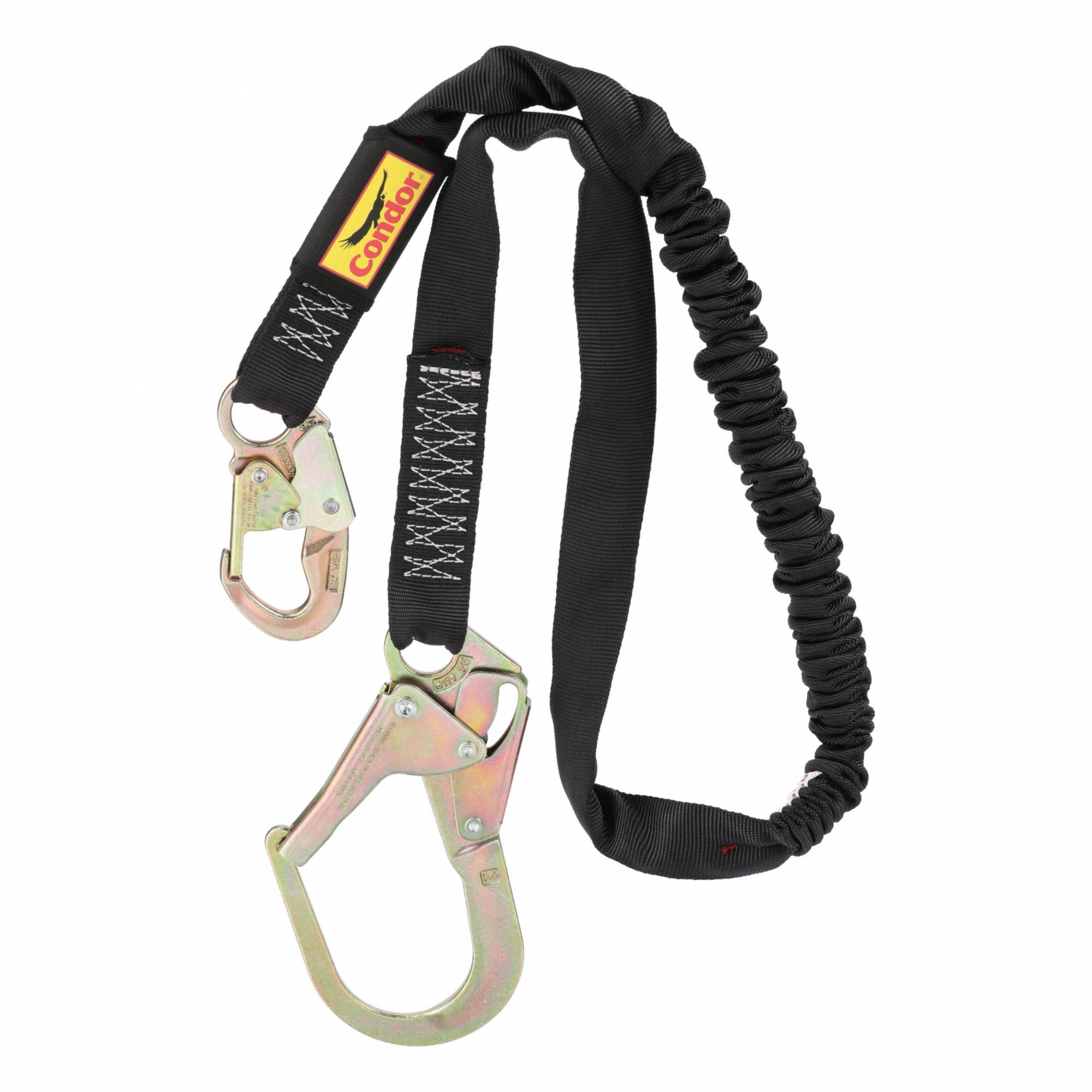Shock-Absorbing Lanyard: Tubular Webbing, Steel Rebar Hook, Steel Snap Hook, 425 lb Capacity