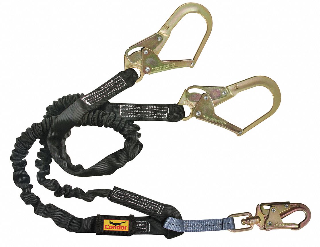 Shock-Absorbing Lanyard: Tubular Webbing, Steel Rebar Hook, Steel Snap Hook, 425 lb Capacity