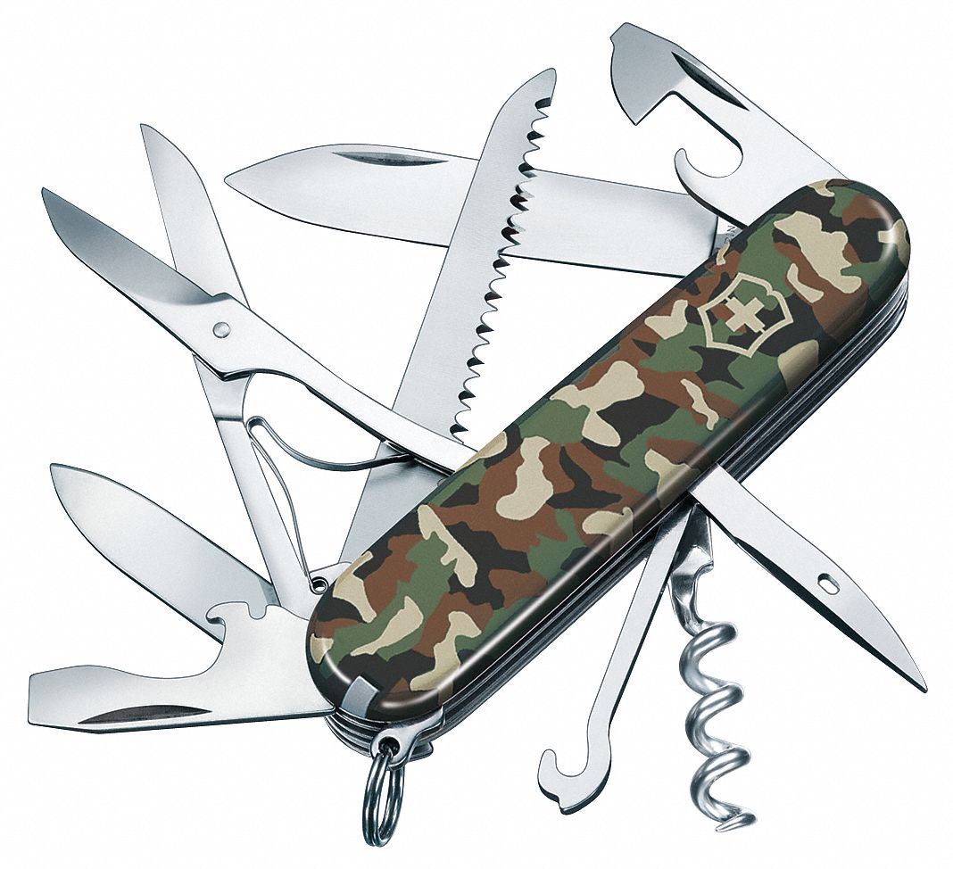 SWISS ARMY FOLDING KNIFE, 9 TOOLS, 3 1/2 IN CLOSED L, 6 1/4 IN OPEN L, STAINLESS STEEL