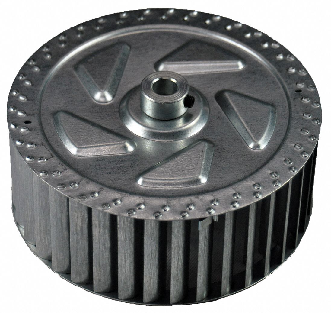 Blower Wheel: Forward-Curved, 6 1/4 in Dia, Steel Wheel, 1 Inlets, 1/2 in Bore, 1, 750 RPM Max.