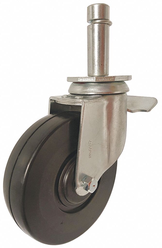 Total-Locking Friction-Ring Stem Caster: 5 in Wheel Dia., 190 lb, Swivel Caster