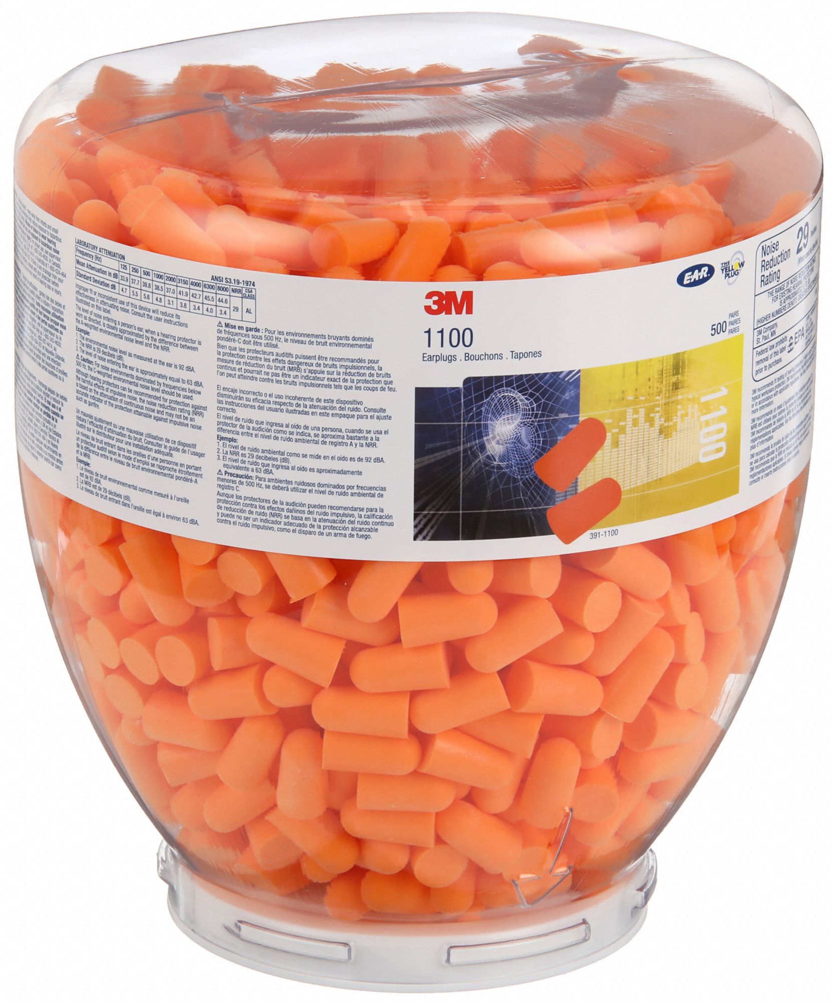 DISTRIBUTEUR DE BOUCHONS À OREILLES A/ RECHARGE, JETABLES, MOUSSE, CONIQUES 29 DB, SANS CORDON, 500 PR/DISTRIBUTEUR