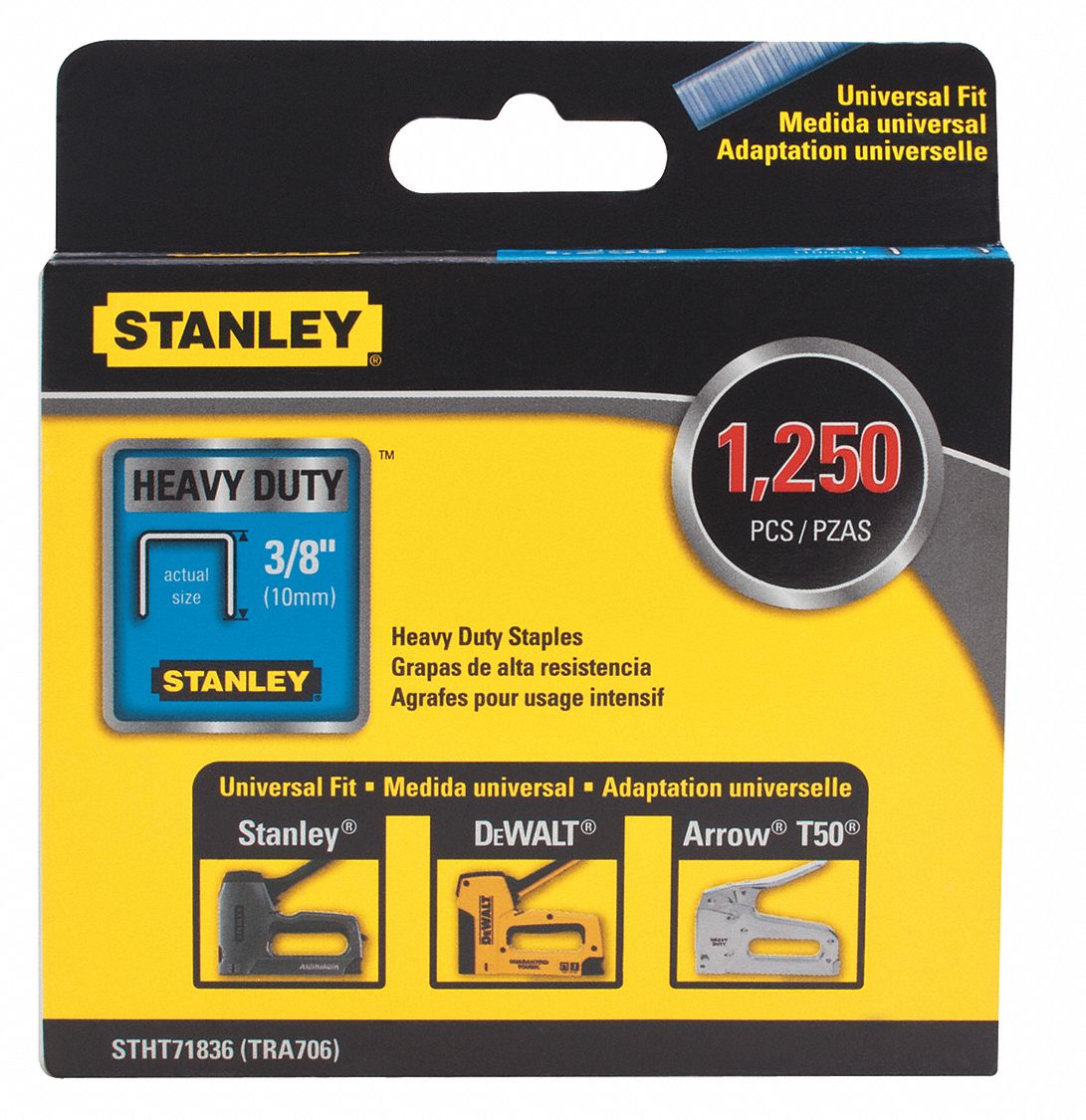 STAPLES, STEEL, ⅜ IN LEG L, 27/64 IN CROWN, 1250-PK, SILVER, FOR TRA700 SERIES STAPLER