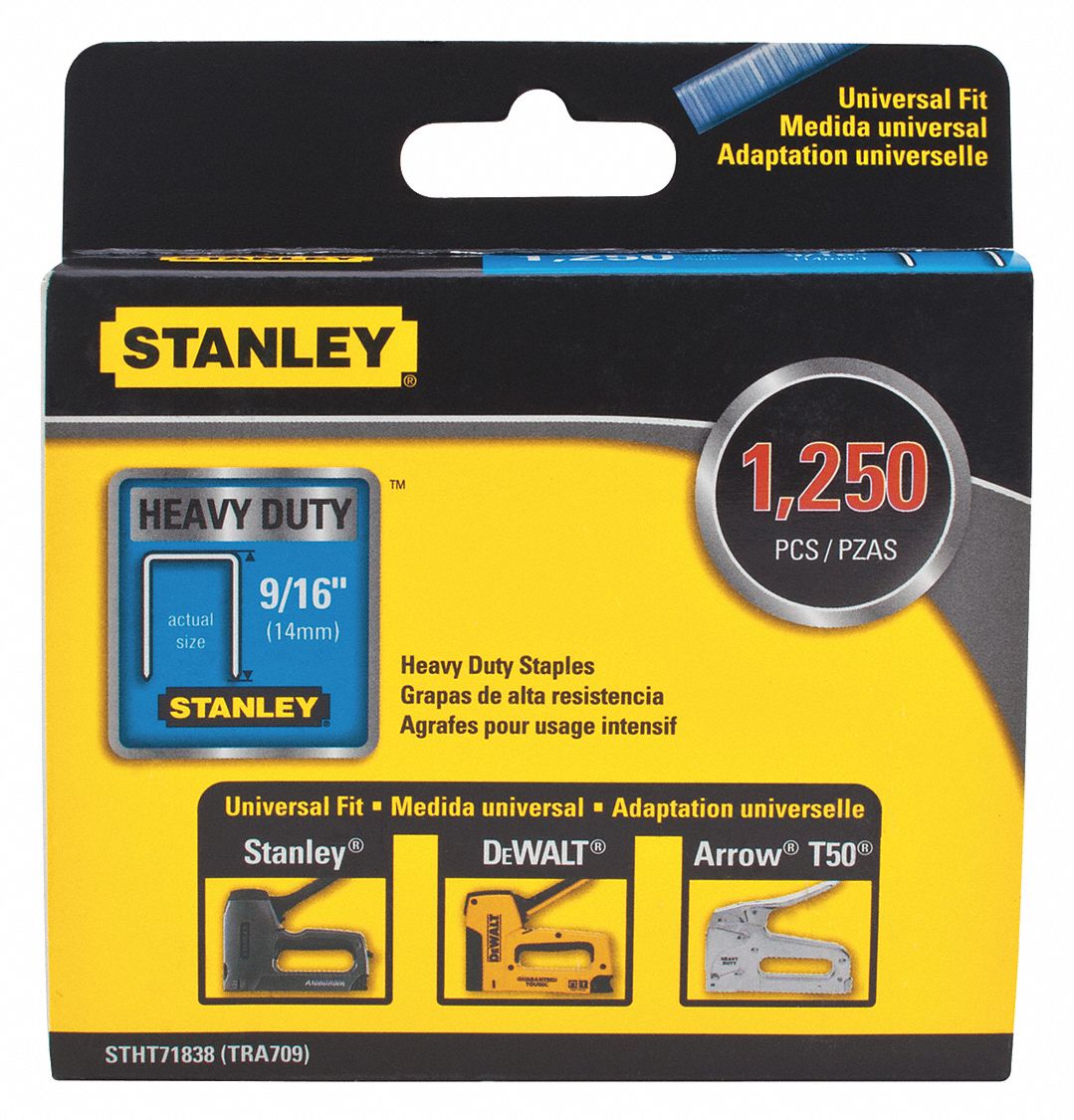 STAPLES, STEEL, 9/16 IN LEG L, 27/64 IN CROWN, 1250-PK, SILVER, FOR TRA700 SERIES STAPLER