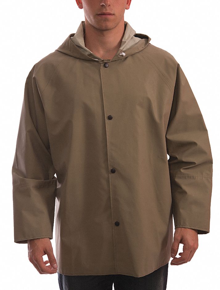 FLAME-RESISTANT RAIN JACKET, M, GREEN, SNAPS WITH STORM FLAP, ATTACHED HOOD