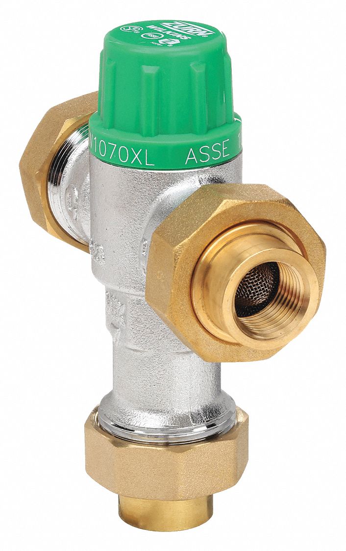 THERMOSTATIC MIXING VALVE: ½ IN INLET CONNECTION SIZE, ½ IN OUTLET CONNECTION SIZE