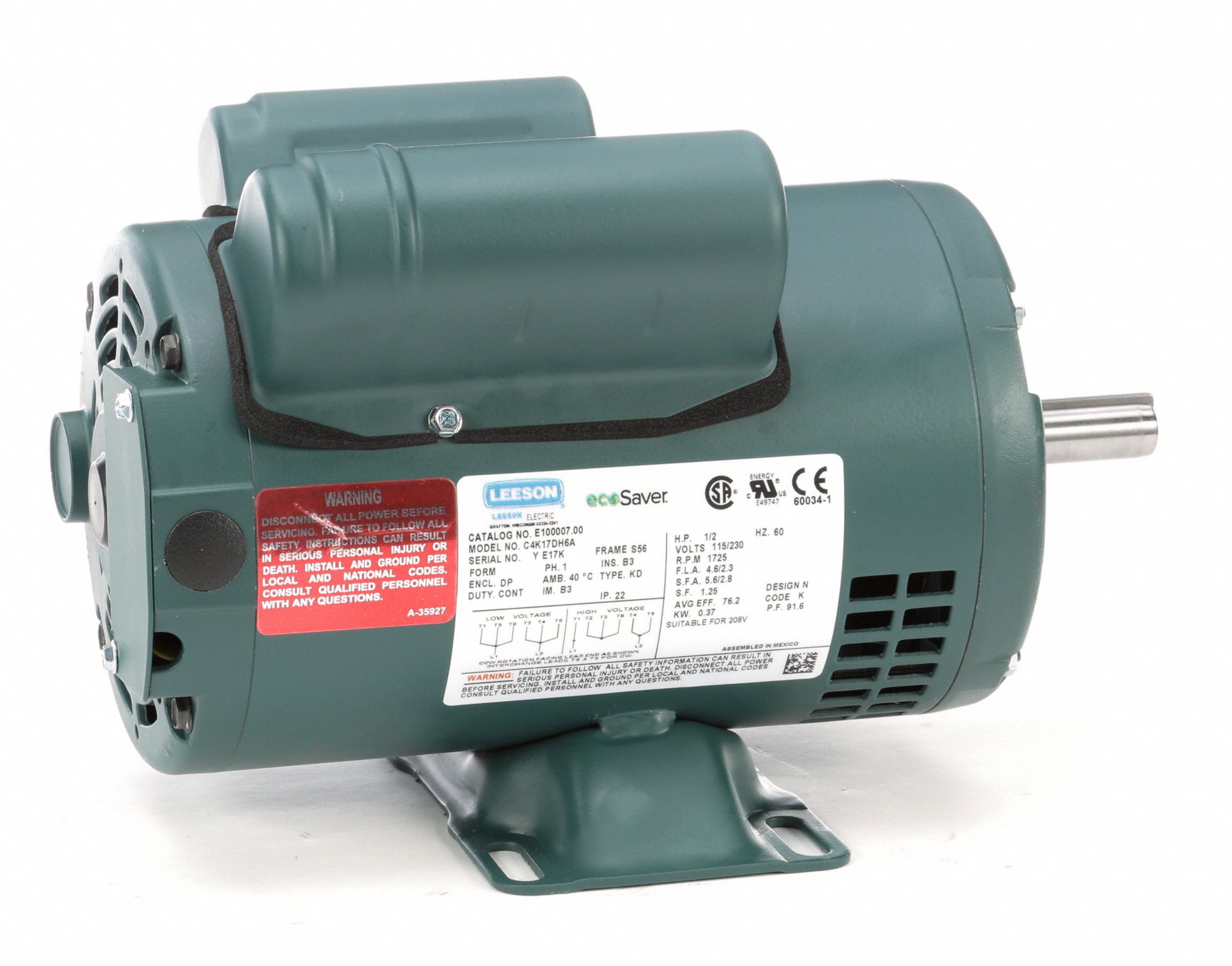 LEESON General Purpose Motor, 1/2 HP, Capacitor-Start/Run, Nameplate