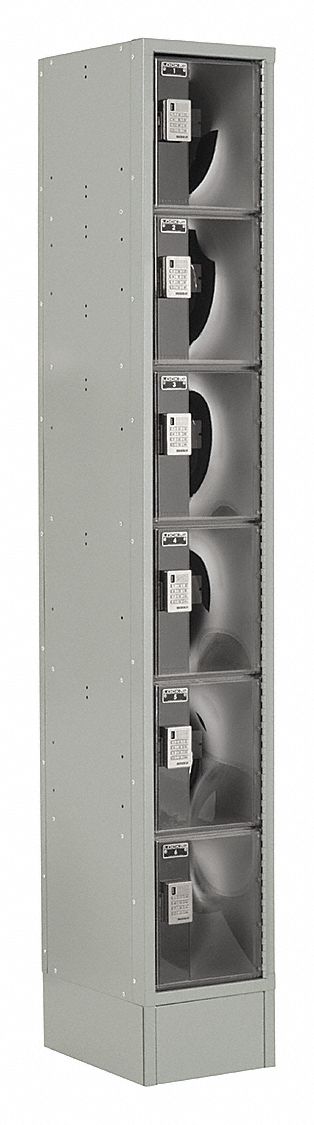 Box Locker: 12 in x 18 in x 82 in, 6 Tiers, 1 Units Wide, Clearview, Electronic Keypad, Gray