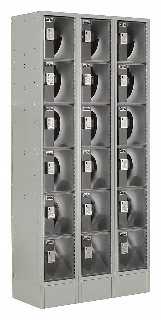 Box Locker: 36 in x 18 in x 82 in, 6 Tiers, 3 Units Wide, Clearview, Electronic Keypad, Gray
