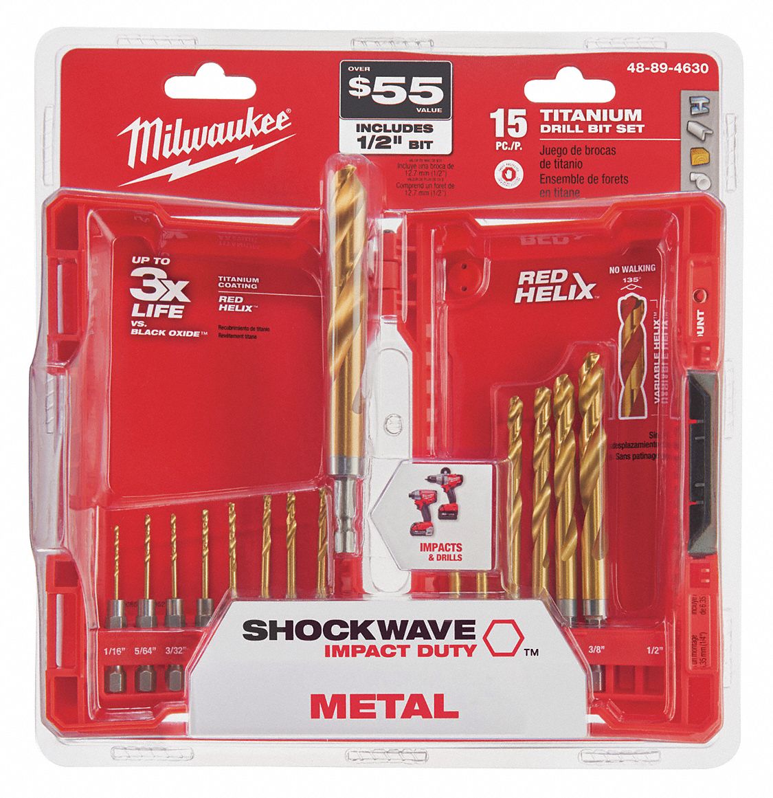 MILWAUKEE 15-Pc. Twist Drill Bit Set, 135°, High Speed Steel, Hex Shank ...