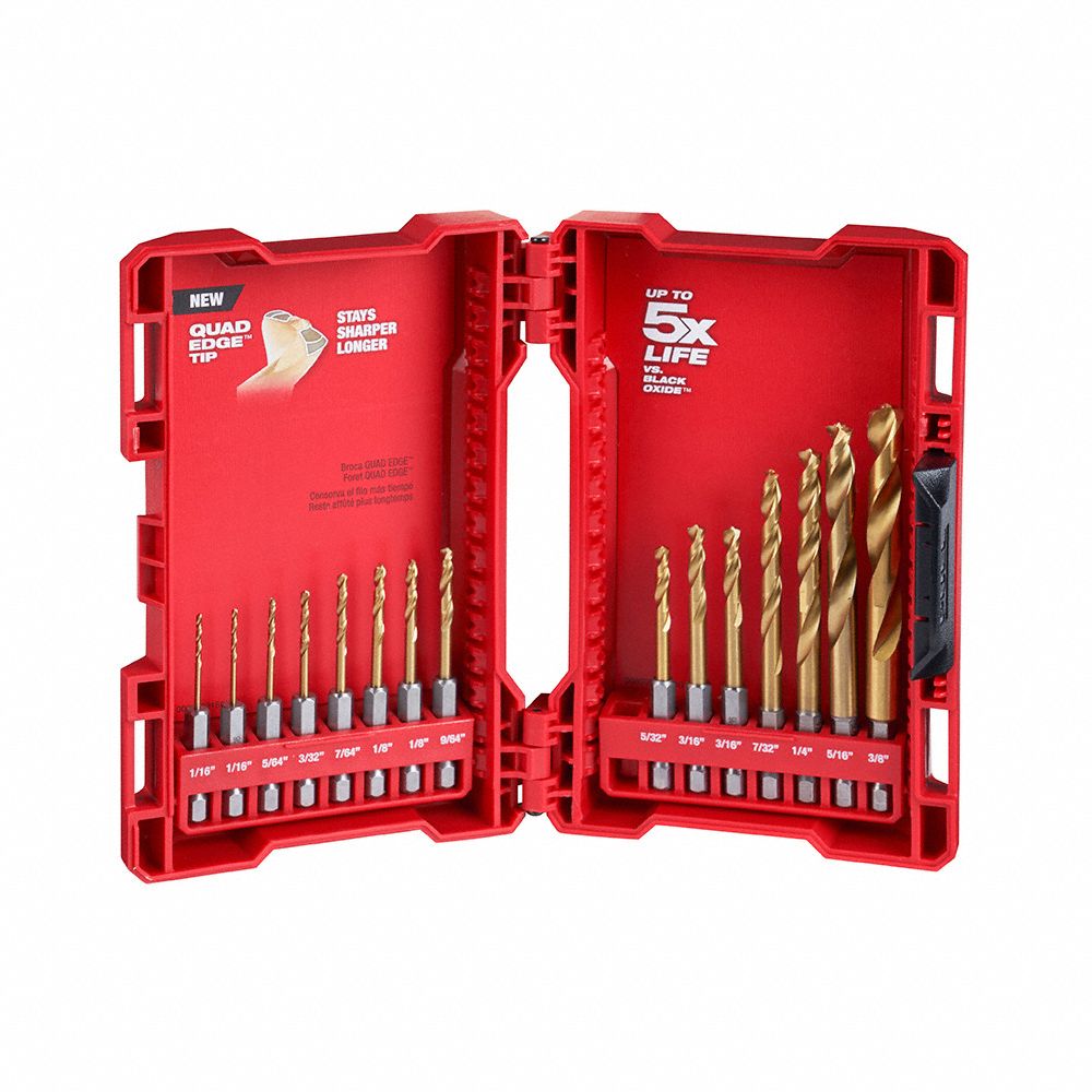 MILWAUKEE Hex Shank Drill Set, Number of Drill Bits 15, 135 °, Split