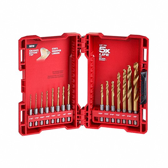 MILWAUKEE, 3/8 in Smallest Drill Bit Size, 1/16 in Largest Drill Bit Size,  Hex Shank Drill Set - 45KM95