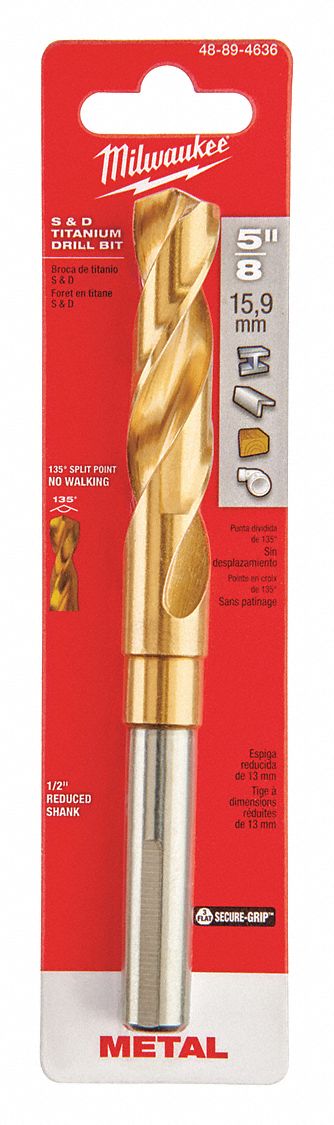 Reduced Shank Drill Bit: 5/8", 135° Split Point, TiN-Coated HSS, 3-Flats Shank