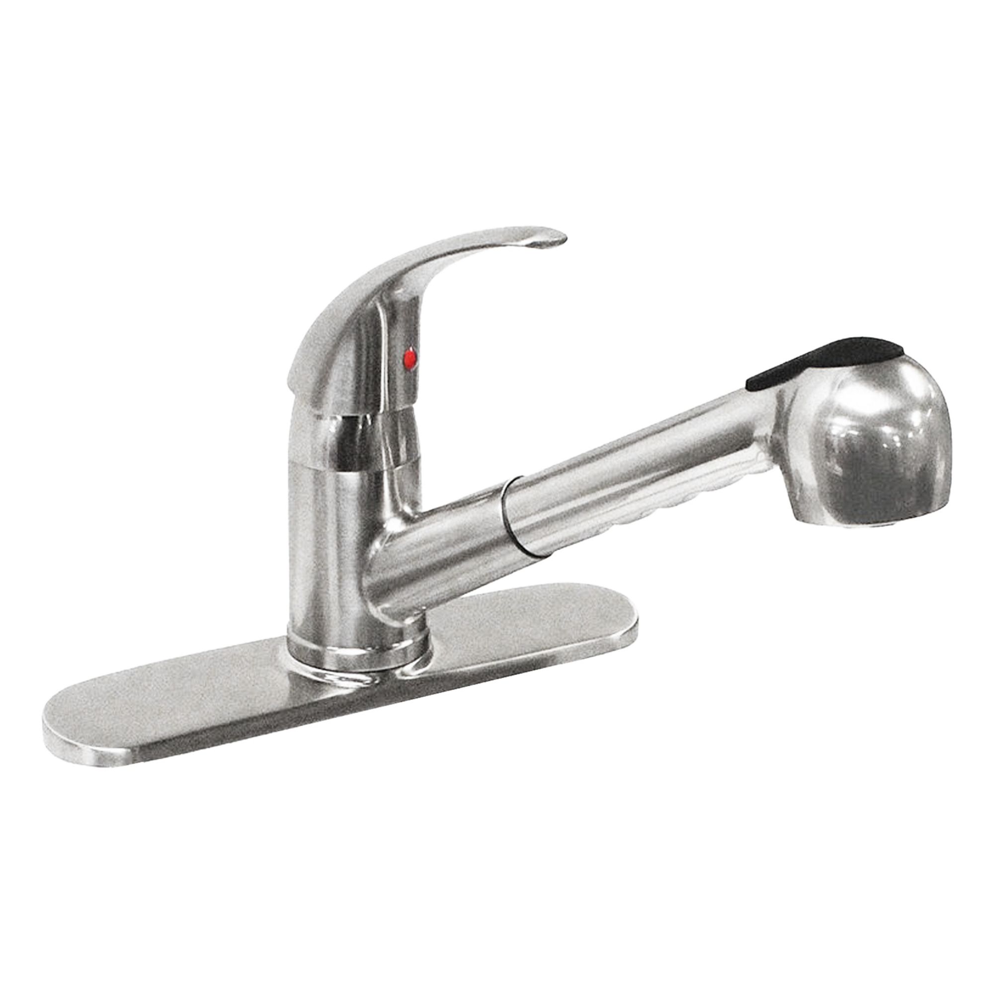 Low Arc Pull Out Kitchen Faucet: Silver, Cast Brass, Single-Post, Deck, 1 Handles