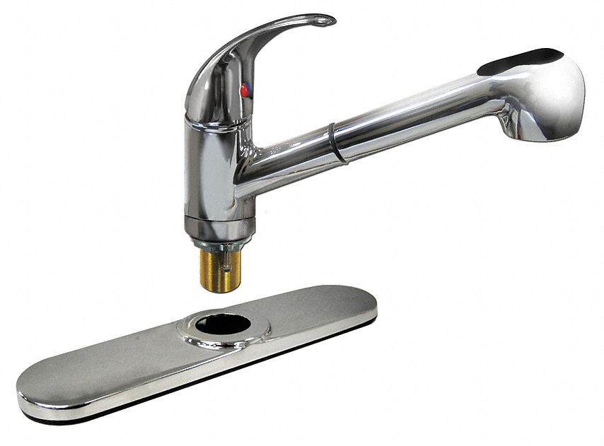 LOW ARC PULL OUT KITCHEN FAUCET: DOMINION FAUCETS, GOLD, CHROME FINISH, 1.8 GPM FLOW RATE