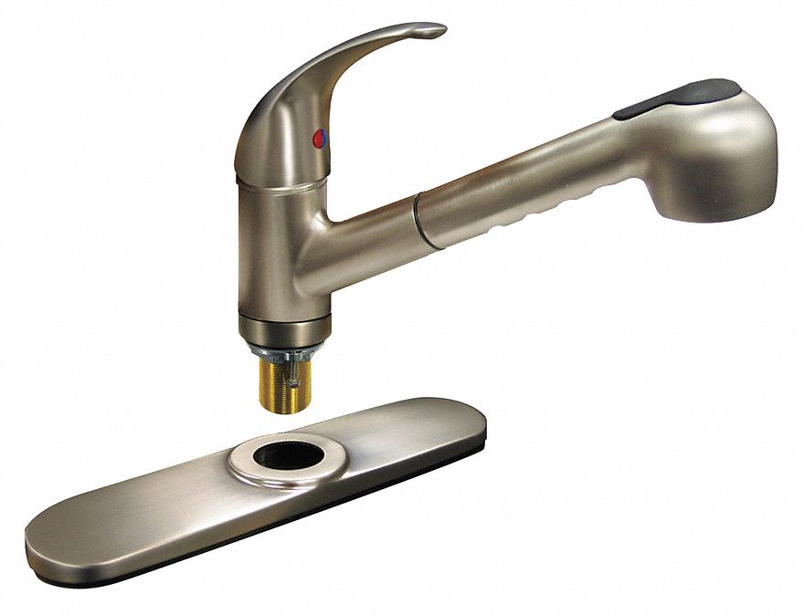 LOW ARC PULL OUT KITCHEN FAUCET: DOMINION FAUCETS, GOLD, BRUSHED NICKEL FINISH, 1.8 GPM