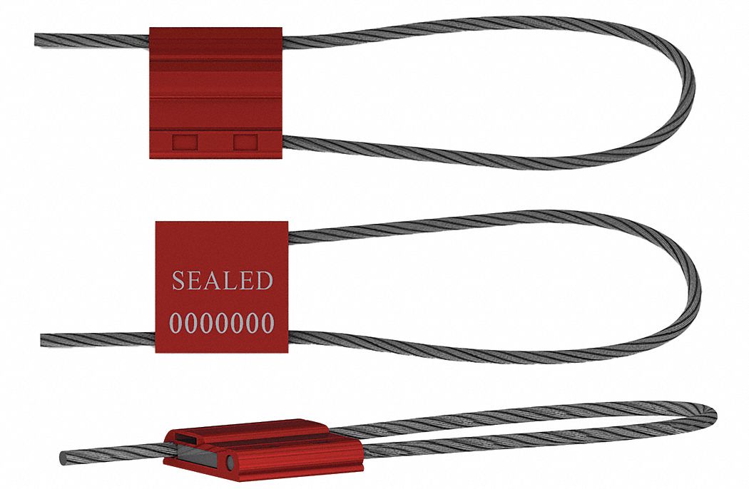 Cable Seals: Steel, 12 in Cable Lg, 1/8 in Cable Dia, 2, 630 lb Breaking Strength, Red, 50 PK
