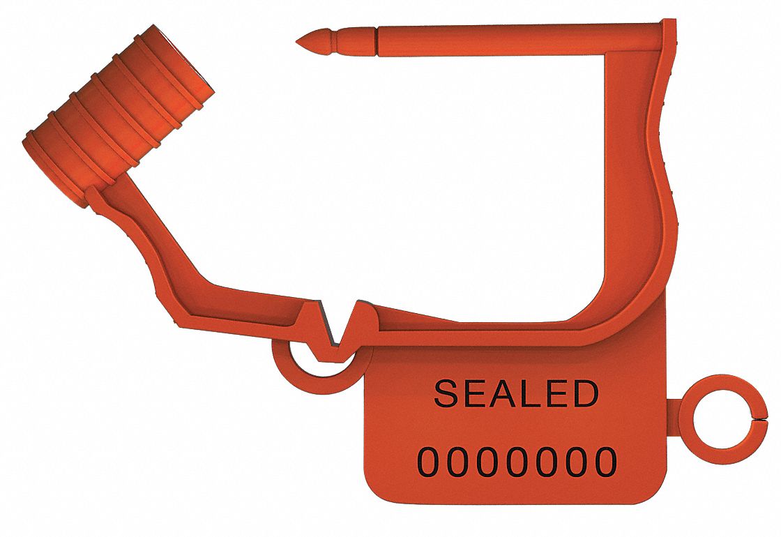 Padlock Seals: Orange, Plastic, 15 lb Breaking Strength, 1 1/4 in Hasp Lg, 50 PK