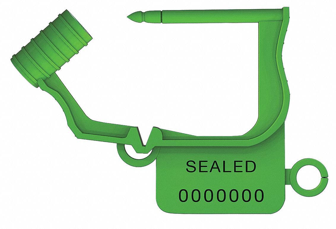 Padlock Seals: Green, Plastic, 15 lb Breaking Strength, 1 1/4 in Hasp Lg, 50 PK
