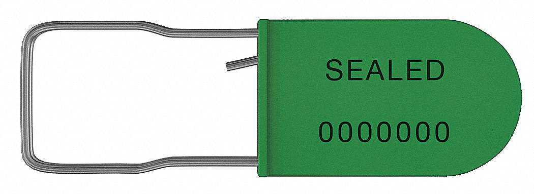 Padlock Seals: Green, Plastic, 100 lb Breaking Strength, 1 3/16 in Hasp Lg, 50 PK