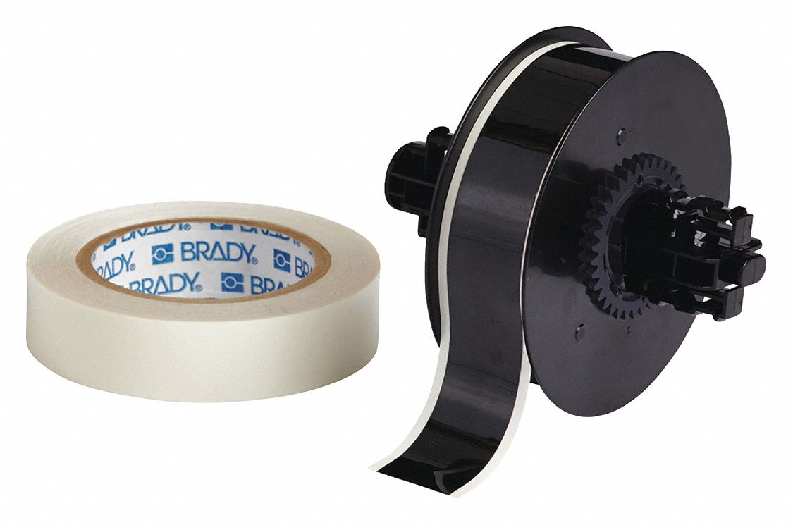 Continuous Label Stock: 1 1/8 in x 100 ft, Polyester With  Rubber  Adhesive, Black (Gloss)