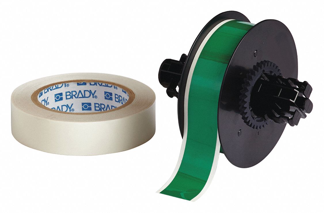 Continuous Label Stock: 1 1/8 in x 100 ft, Polyester With  Rubber  Adhesive, Green (Gloss)