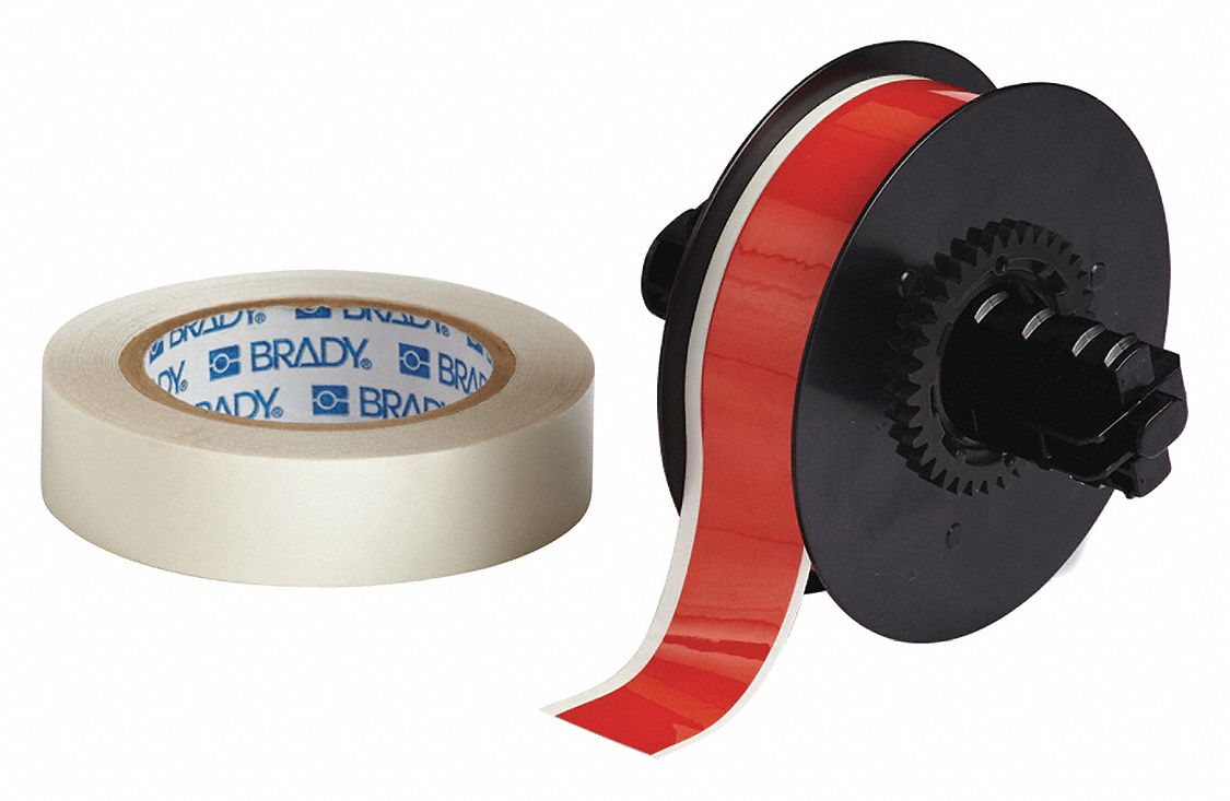 Continuous Label Stock: 1 1/8 in x 100 ft, Polyester With  Rubber  Adhesive, Red (Gloss)