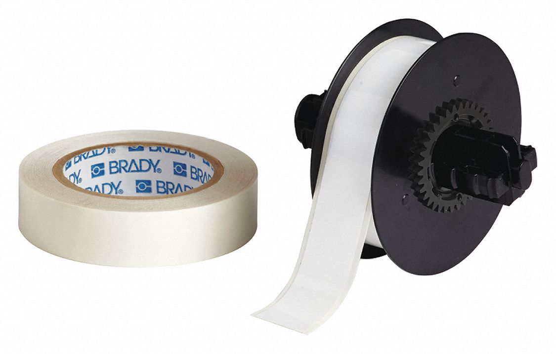 Continuous Label Stock: 1 1/8 in x 100 ft, Polyester With  Rubber  Adhesive, White (Gloss)