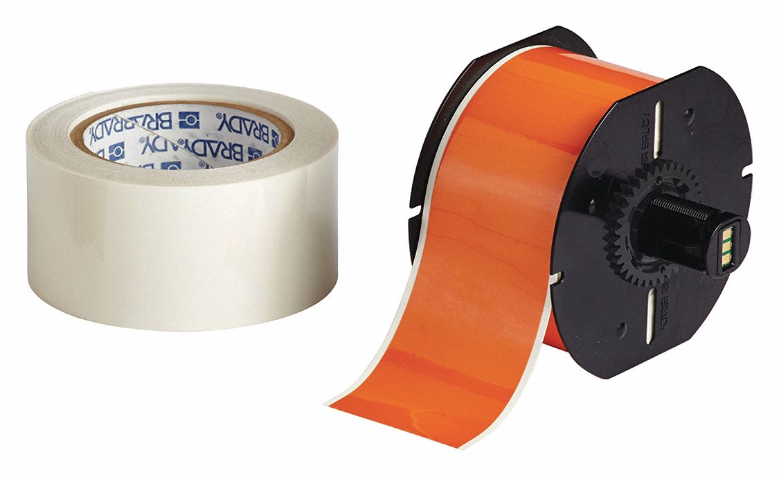 Continuous Label Stock: 2 1/4 in x 100 ft, Polyester With  Rubber  Adhesive, Orange (Gloss)