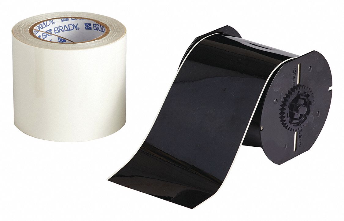 Continuous Label Stock: 4 in x 100 ft, Polyester With  Rubber  Adhesive, Black (Gloss)