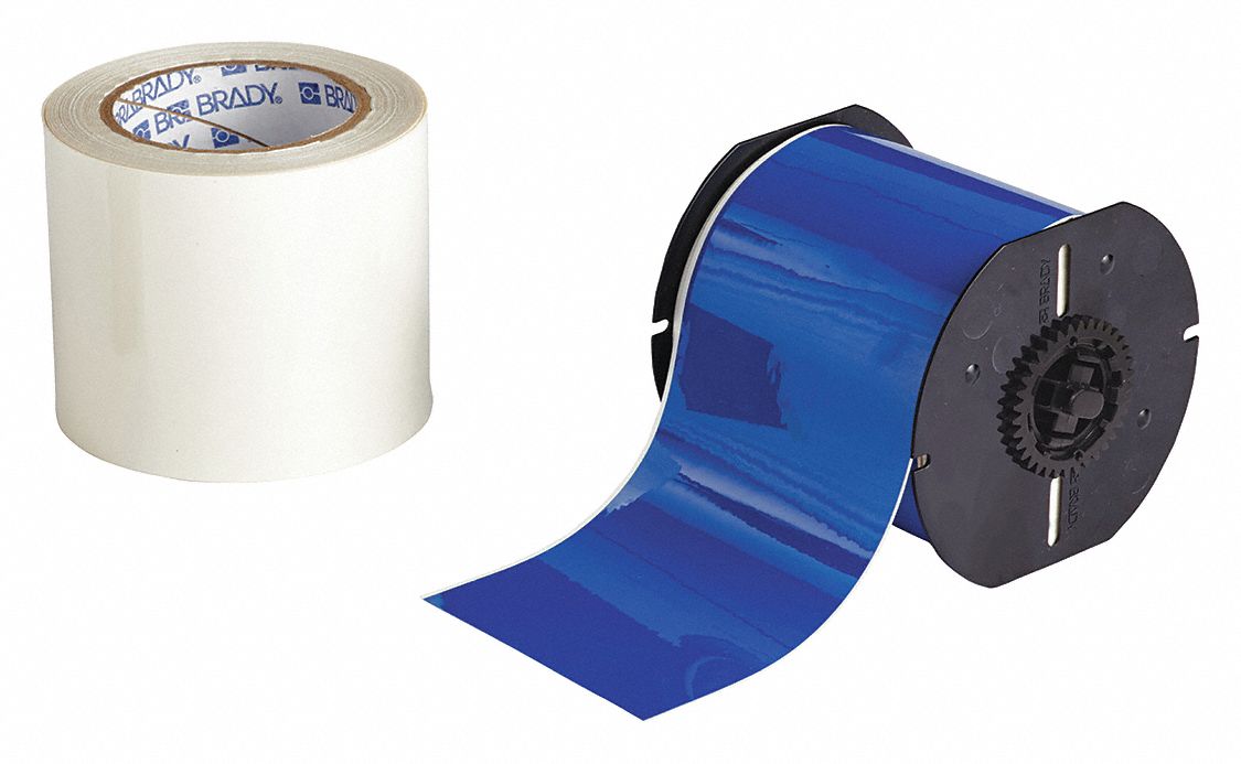 Continuous Label Stock: 4 in x 100 ft, Polyester With  Rubber  Adhesive, Blue (Gloss)
