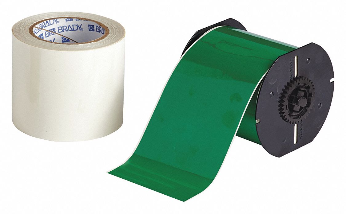 Continuous Label Stock: 4 in x 100 ft, Polyester With  Rubber  Adhesive, Green (Gloss)