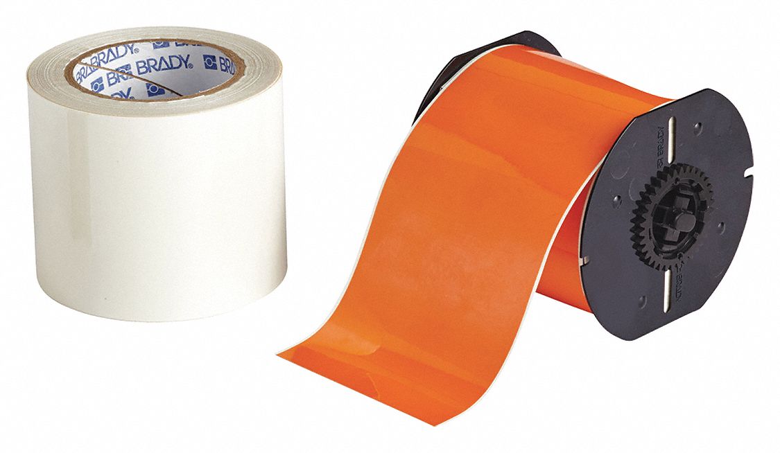 Continuous Label Stock: 4 in x 100 ft, Polyester With  Rubber  Adhesive, Orange (Gloss)