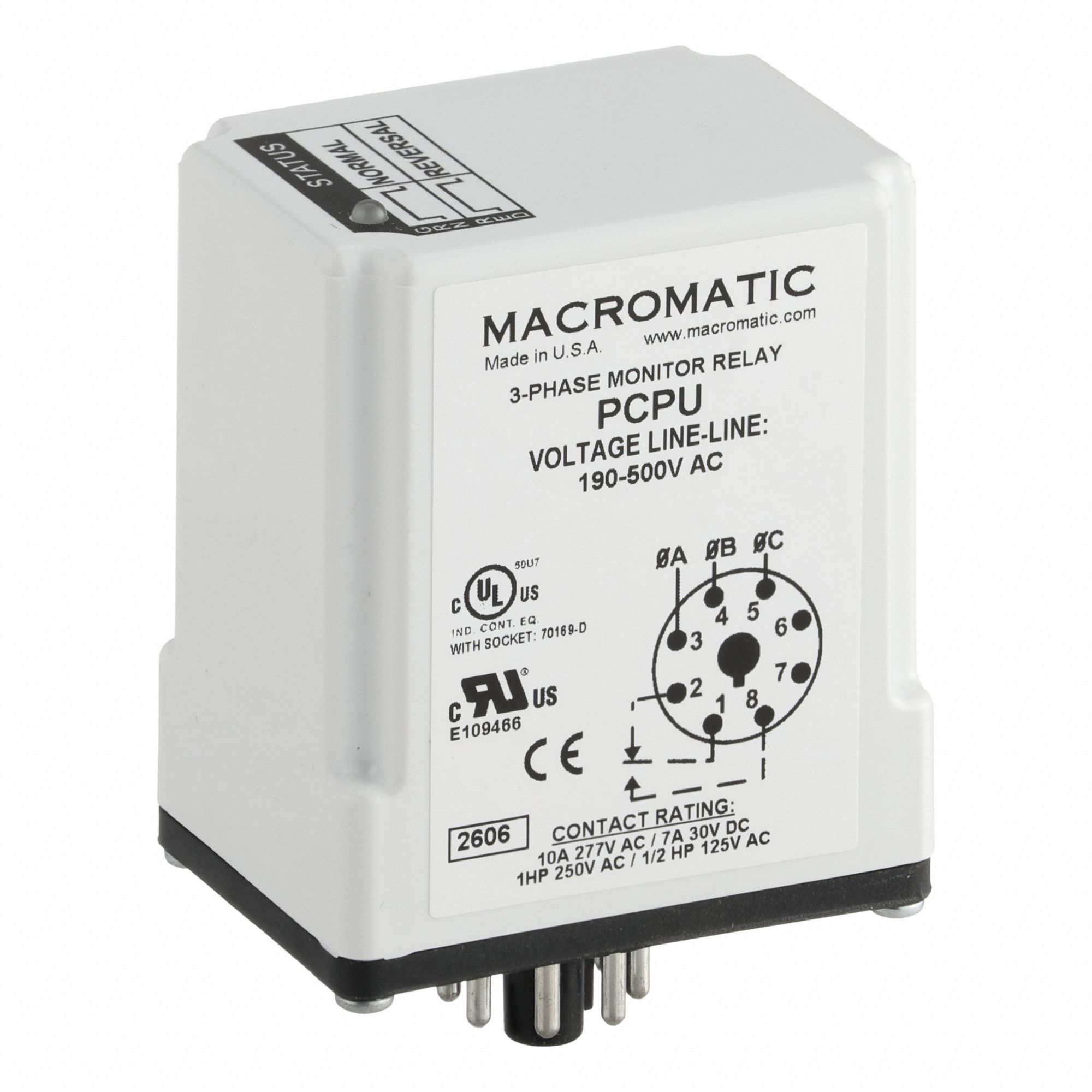 MACROMATIC Phase Monitor Relay: Socket Mounted, 10 A Current Rating, 190 to 500V AC, Phase Reversal (MPN PCPU). Key specifications — Monitored Parameters: Phase Reversal; Manufacturer Part Number: PCPU; Brand: MACROMATIC.