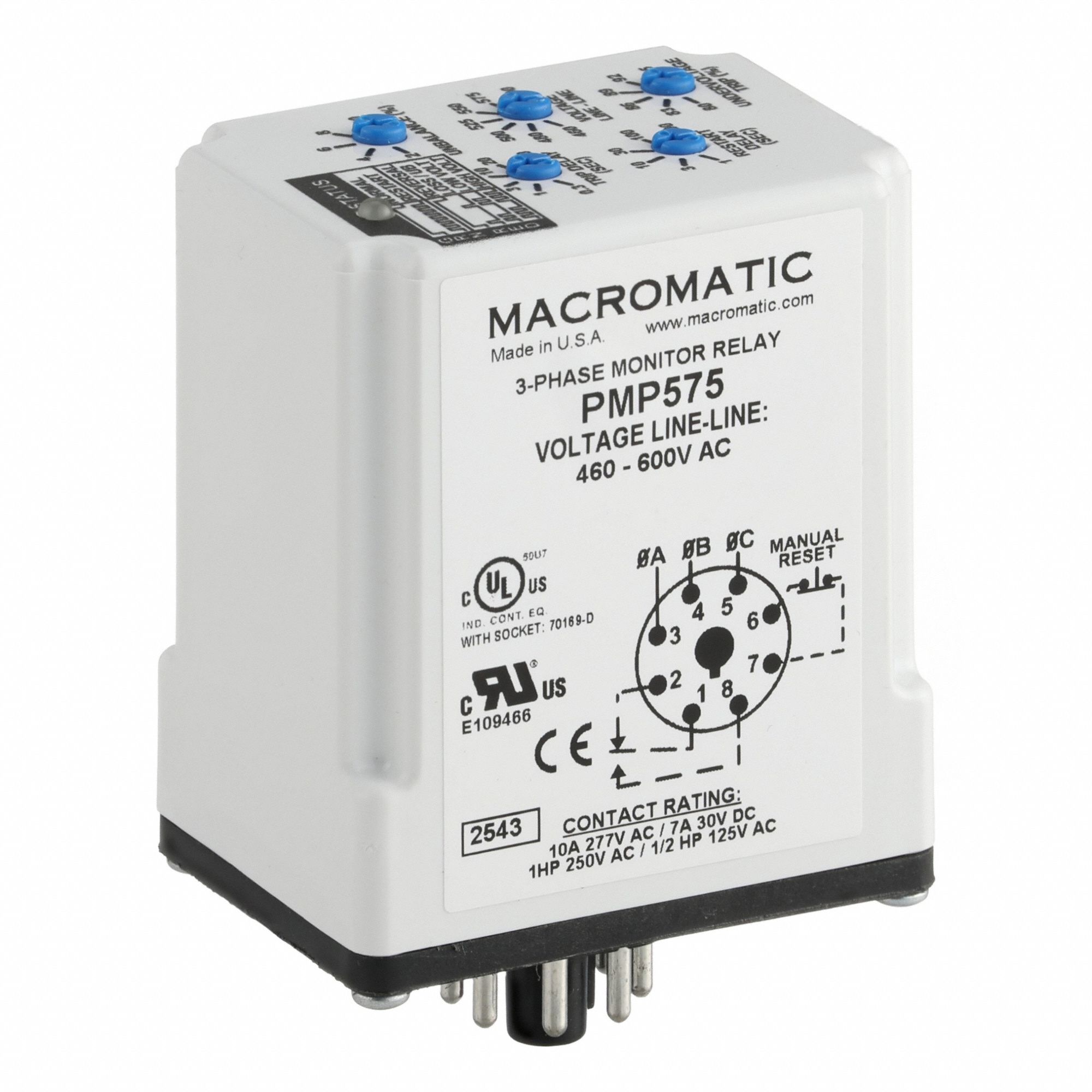 MACROMATIC Phase Monitor Relay: Socket Mounted, 10 A Current Rating, 460 to 600V AC (MPN PMP575). Key specifications — Monitored Parameters: Overvoltage; Manufacturer Part Number: PMP575; Brand: MACROMATIC.