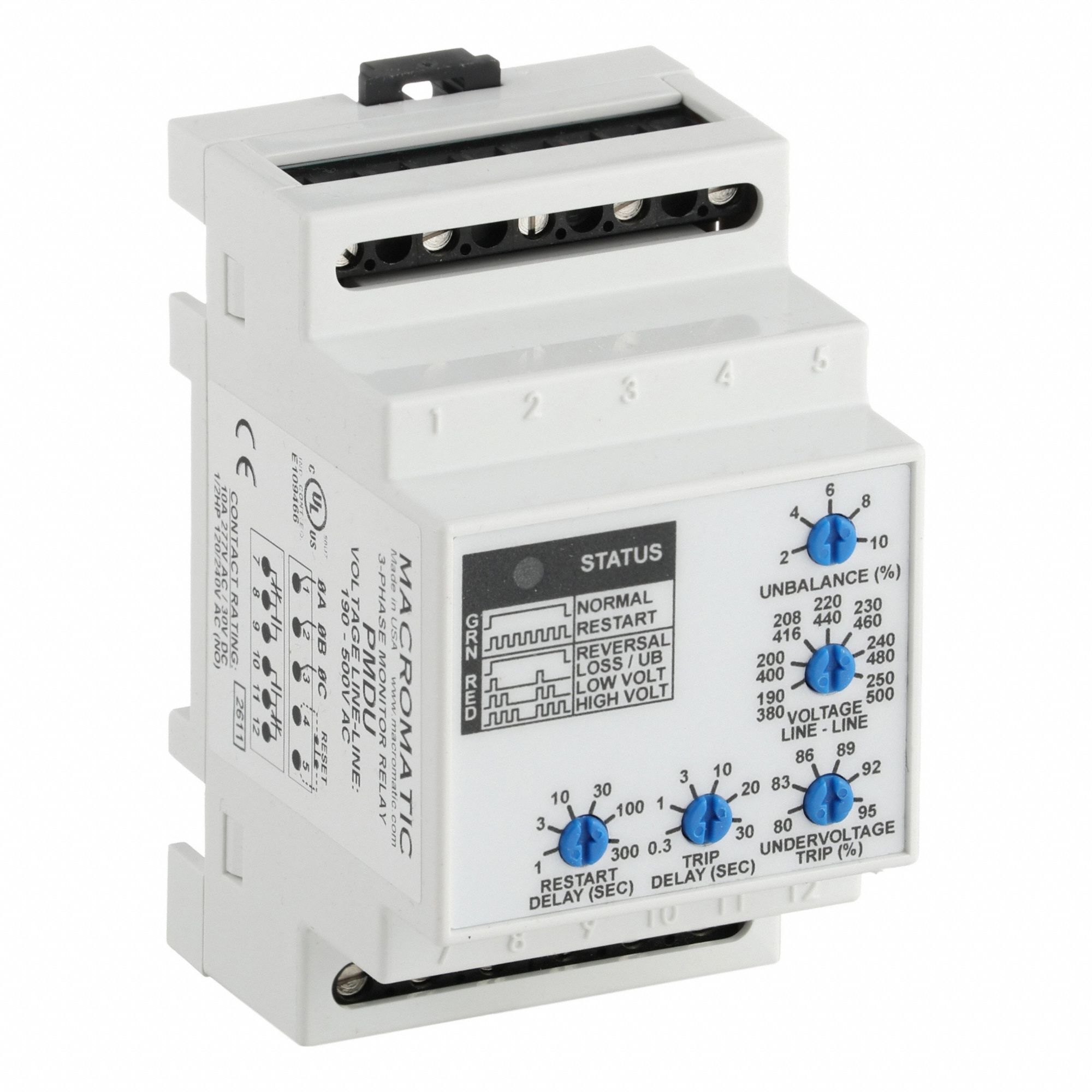 MACROMATIC Phase Monitor Relay: DIN-Rail Mounted, 10 A Current Rating, 190 to 500V AC (MPN PMDU). Key specifications — Monitored Parameters: Phase Unbalance; Manufacturer Part Number: PMDU; Brand: MACROMATIC.