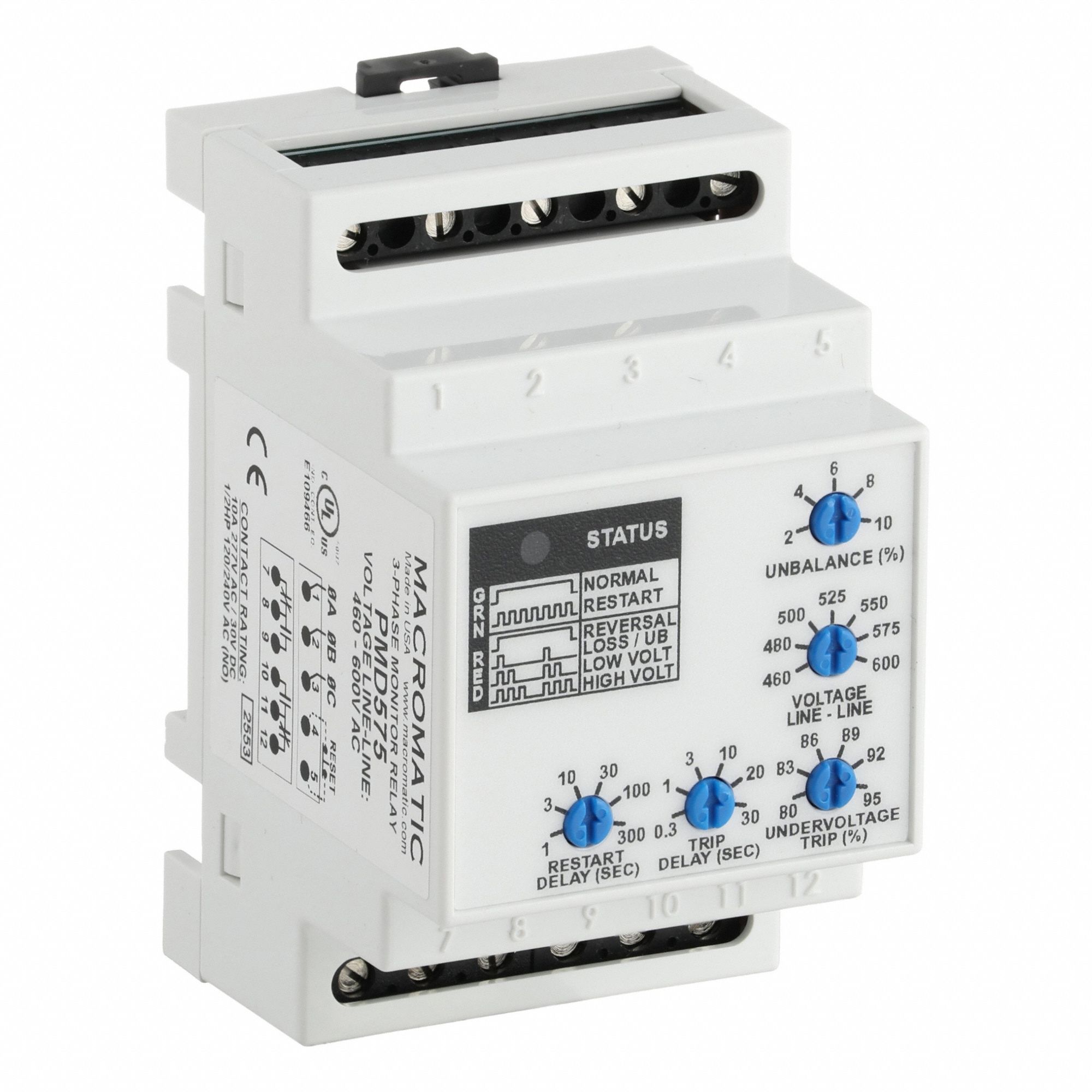 MACROMATIC Phase Monitor Relay: DIN-Rail Mounted, 10 A Current Rating, 480 to 600V AC (MPN PMD575). Key specifications — Monitored Parameters: Phase Loss; Manufacturer Part Number: PMD575; Brand: MACROMATIC.