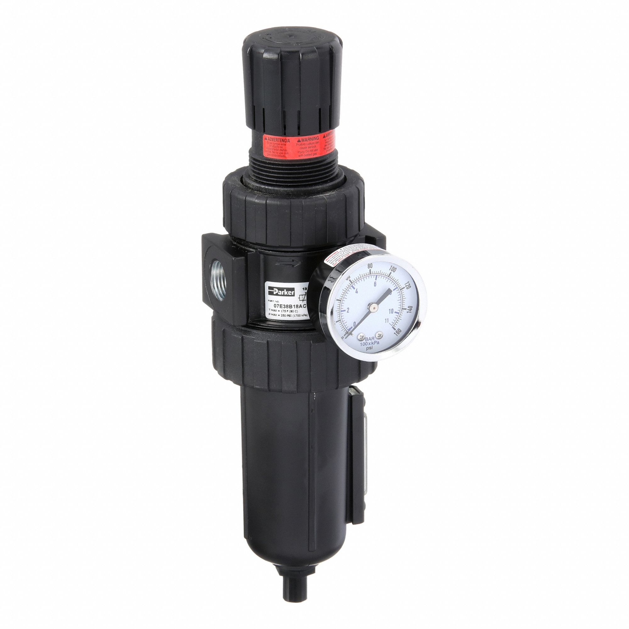 Filter-Regulator: 07E Series, 1/2 in NPT, 90 cfm, 5 micron, 250 psi Max Op Pressure, Zinc