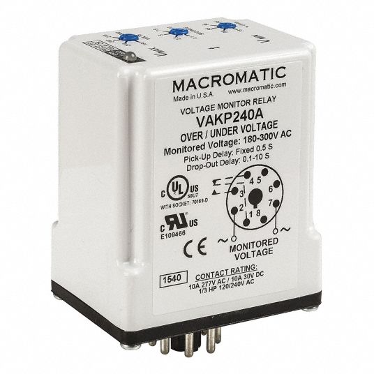 MACROMATIC Voltage Sensing Relay, 120V AC, 10A 240V, 8 Pins, Mounting