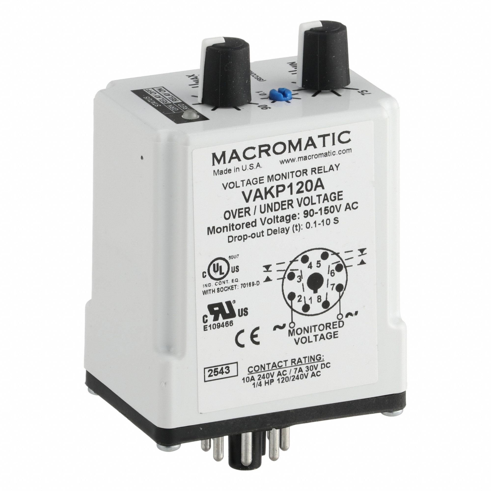MACROMATIC Voltage Sensing Relay: Socket Mounted, 8 Pins/Terminals, 10 A, 120V AC, Pin (MPN VAKP120A). Key specifications — Drop-Out Range: 75% to 95%; Monitored Parameters: Undervoltage; Brand: MACROMATIC.