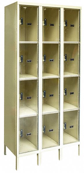 Box Locker: 36 in x 12 in x 78 in, 4 Tiers, 3 Units Wide, Clearview, Padlock Hasp, Tan