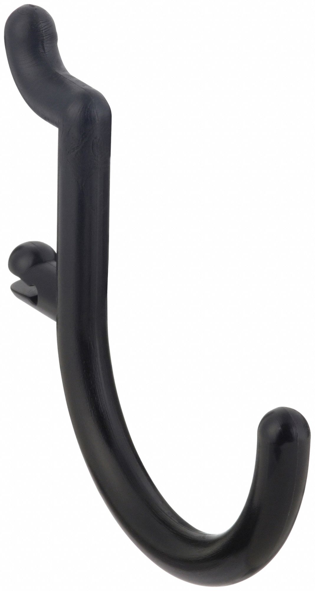 J-Hook: 1/4 in Peg Hole, For 1 in Pegboard Hole Spacing, Snap-On, Surface, Black, 25 PK