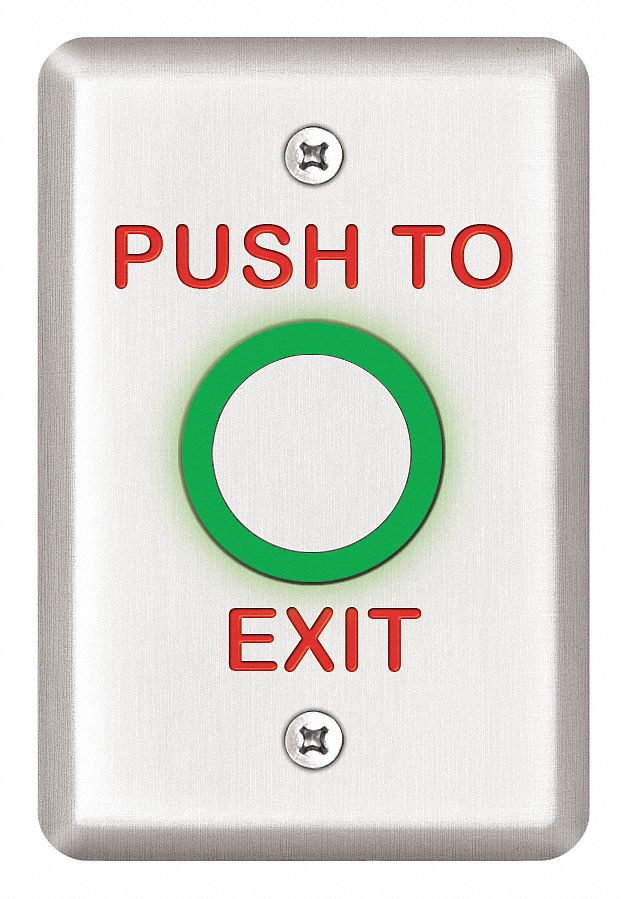 SDC Exit Push Button: 4 1/2 in Ht, 2 7/8 in Wd, Stainless Steel, Gray