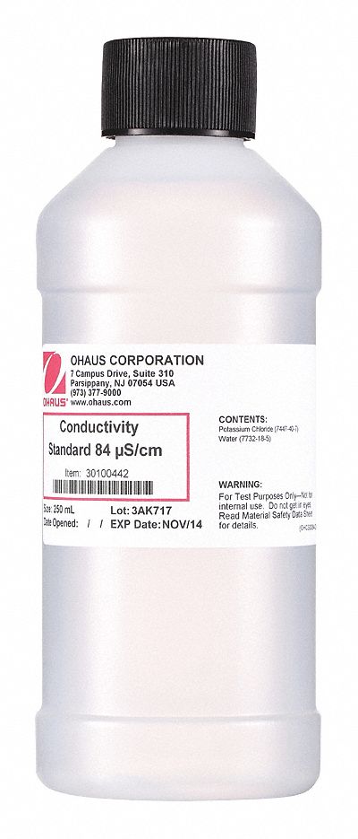 Conductivity Calibration Solution: Lab, 250 mL, 7447-40-7/7732-18-5, 84 us/Cm, Solution, Liquid, 1