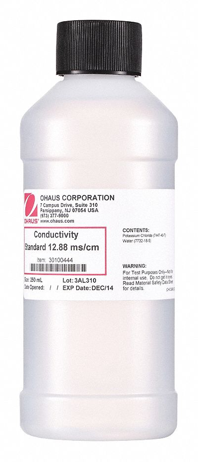 Conductivity Calibration Solution: ACS, 250 mL, 71-23-8/7447-40-7/7732-18-5, 12, 880 microsiemens, 1