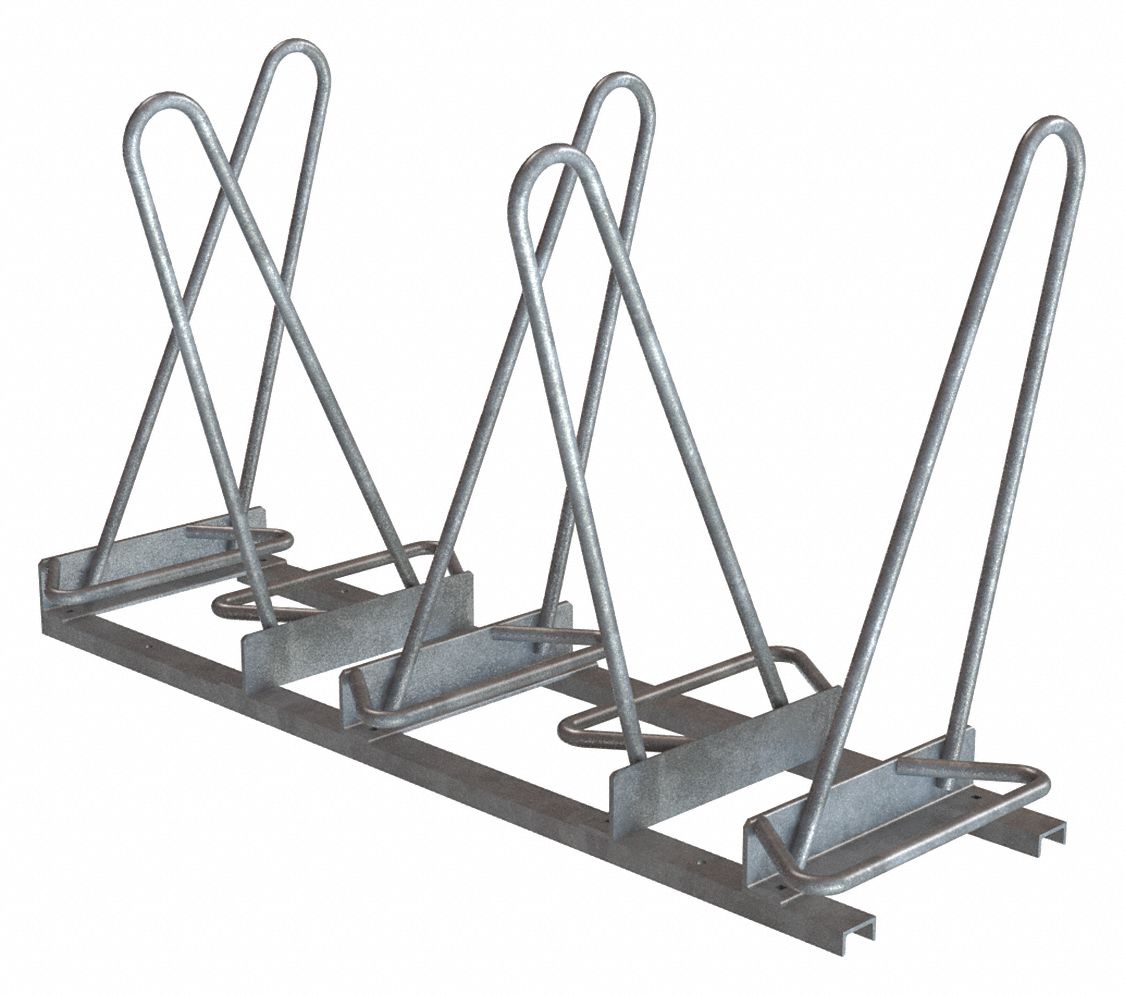 Bike Rack: Shark Rack, 5 Bikes, Galvanized, Steel, 30 in Slot Wd, 30 in Overall Ht, 53 in Overall Lg