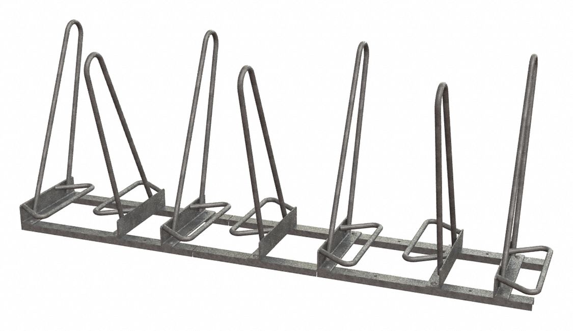 Bike Rack: Shark Rack, 7 Bikes, Galvanized, Steel, 30 in Slot Wd, 30 in Overall Ht, 77 in Overall Lg