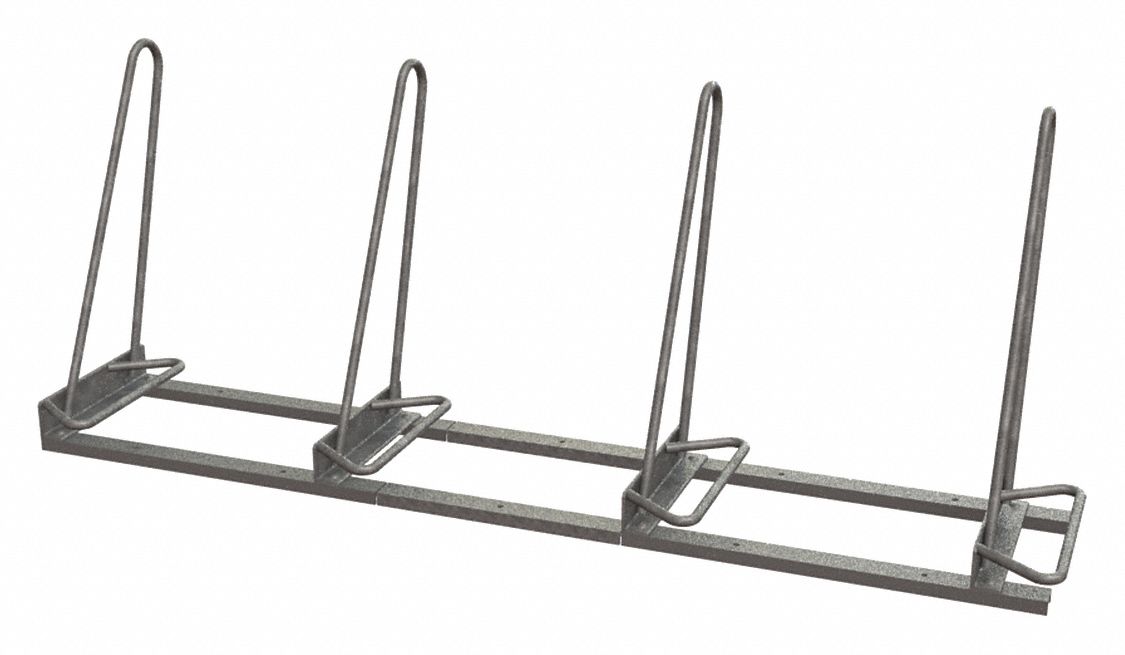 Bike Rack: Shark Rack, 4 Bikes, Galvanized, Steel, 30 in Slot Wd, 30 in Overall Ht, 77 in Overall Lg